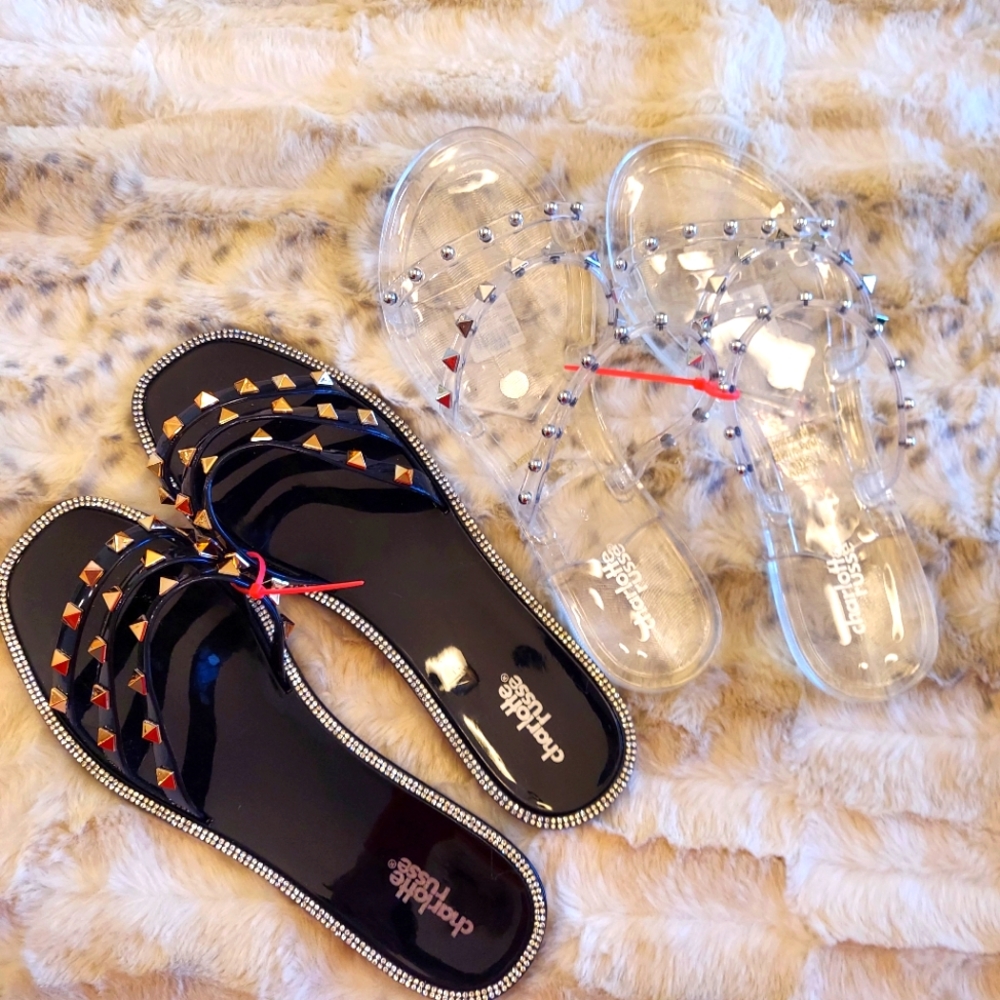 NWT Lot of 2 cute casual studded jelly flip flip sandals 1 black 1 clear size 8